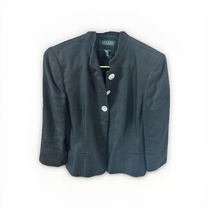Lauren Ralph Lauren Women's 8P Linen Short Blazer Jacket Navy Blue Lined Buttons